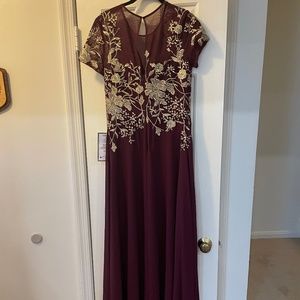 Betsy & Adam Burgundy/Gold Formal Dress